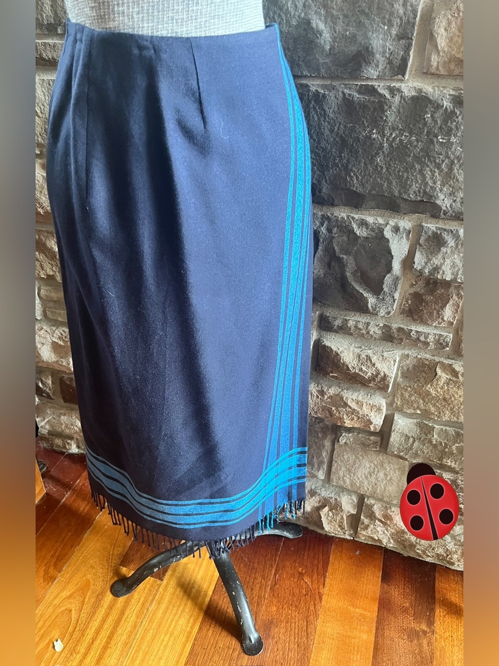 Navy Skirt with bright Blue Stripes and Fringe. Tagged 10. Check measurements.